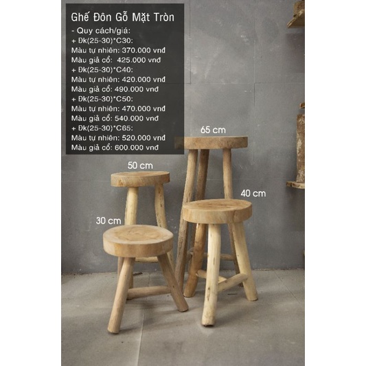 Ghế đôn gỗ 3 chân mặt tròn nhiều kích cỡ