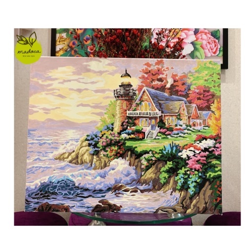 Tranh tô màu số hóa Madoca có khung 40x50cm Tranh vẽ nhà biển T36