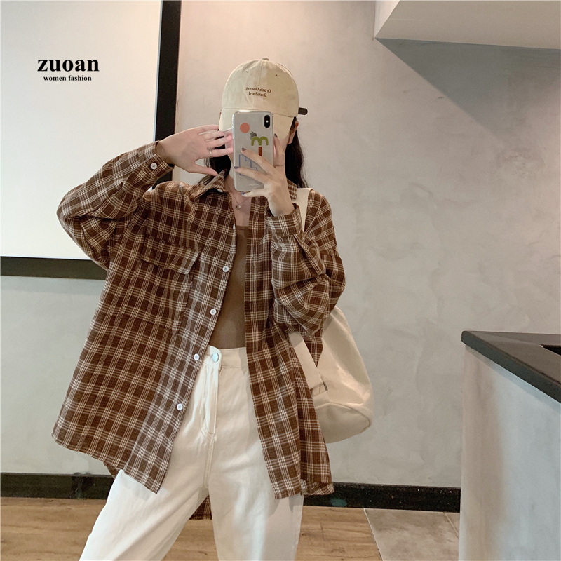 SUXI Áo Sơ Mi Ca Rô Ca Rô Có Túi Thời Trang Mùa Xuân Dành Cho Nữ