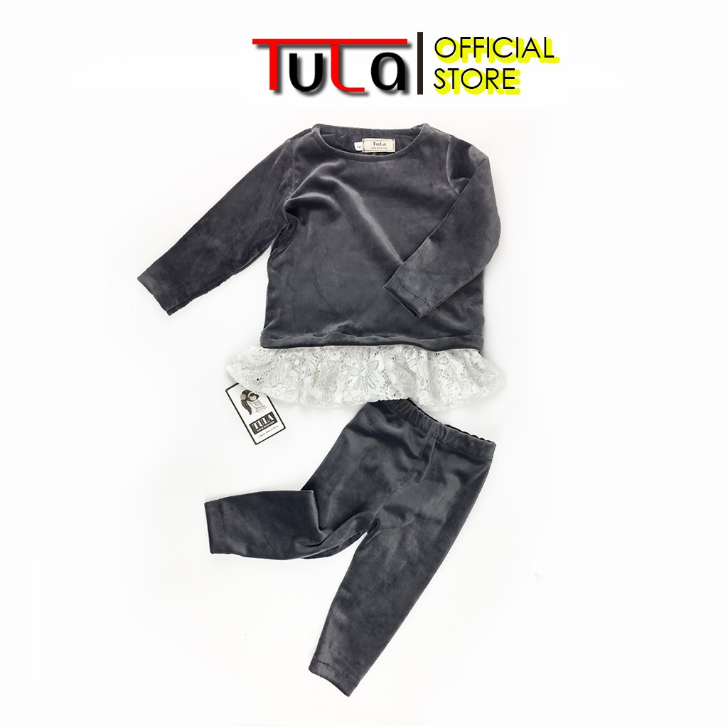 Bộ quần áo thu đông thiết kế cho bé gái phối nhung và ren