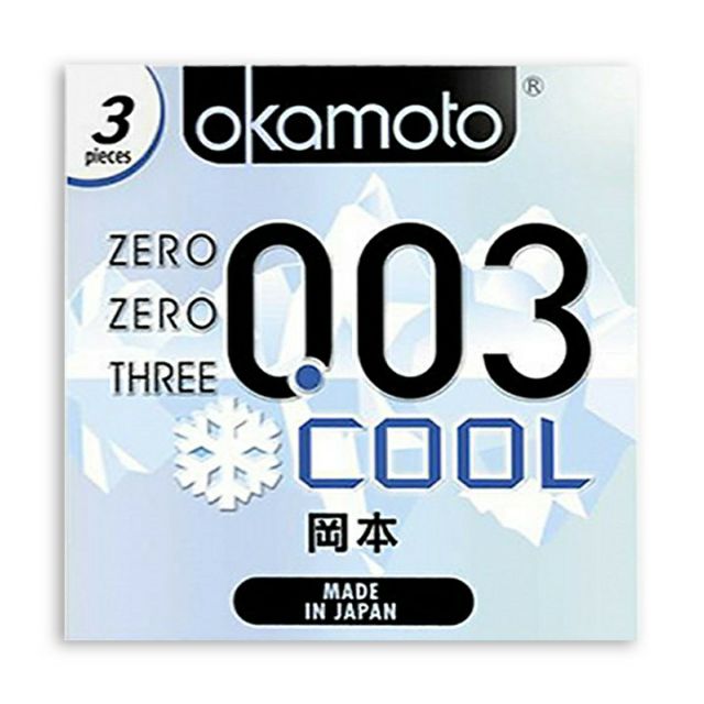 Bao Cao Su  Okamoto 0.03 Cool   kéo dài siêu mỏng, bóng láng, mát lạnh Hộp 3 Cái
