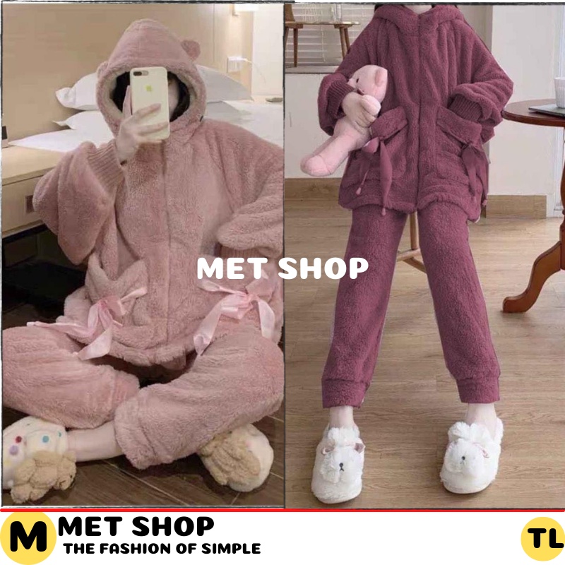 Set bộ đồ ngủ mùa đông Gấu lông nơ túi METSHOP chất lông thỏ siêu mềm ấm áp mặc nhà cho nữ siêu ấm
