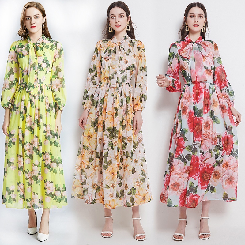 Đầm Maxi Chiffon Tay Phồng Đính Nơ Xinh Xắn