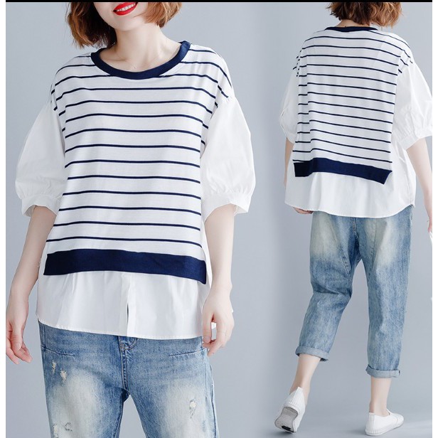 G593 Áo big size freesize dáng sơ mi sang trọng thiết kế phối kẻ ngang