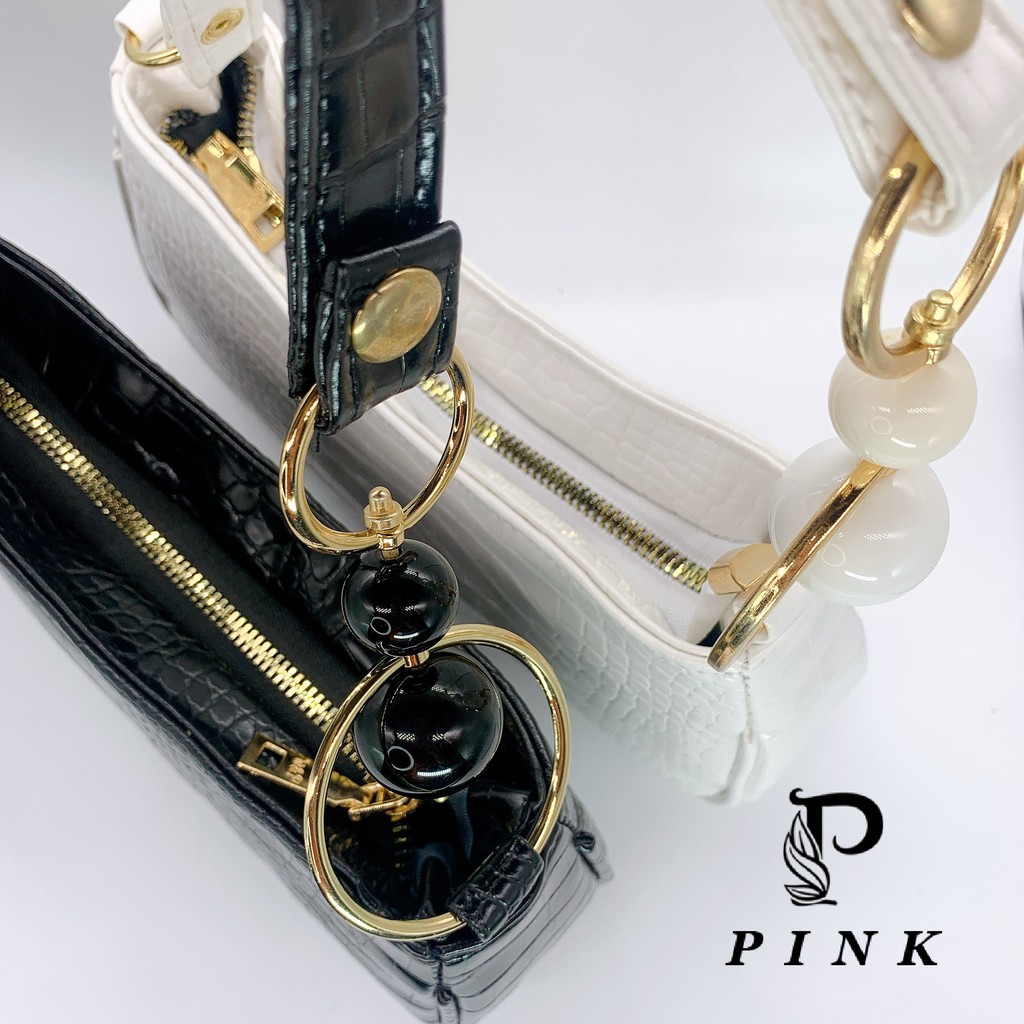 Túi kẹp nách nối bi , Túi xách nữ da mềm siêu xinh mã P01 Pink Shop