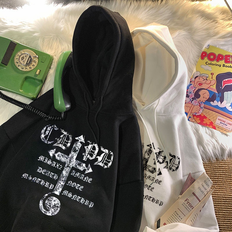 Áo hoodie oversize dài tay họa tiết thánh giá và chữ phong cách Death Note gothic thời trang đường phố