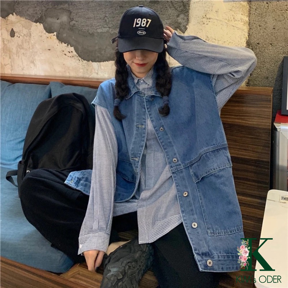 Áo khoác bò gile nam nữ dáng rộng unisex phong cách Ulzzang Hàn Quốc dáng rộng hai màu xanh đen chất jean đẹp