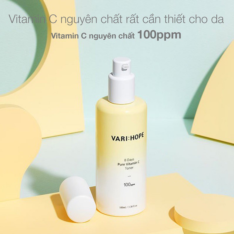 Combo 3 Sản Phẩm Làm Sáng Da, Mờ Thâm Nám VariHope 8 Days Pure Vitamin C (Toner 100ml + Serum 15ml + Kem dưỡng 50ml)