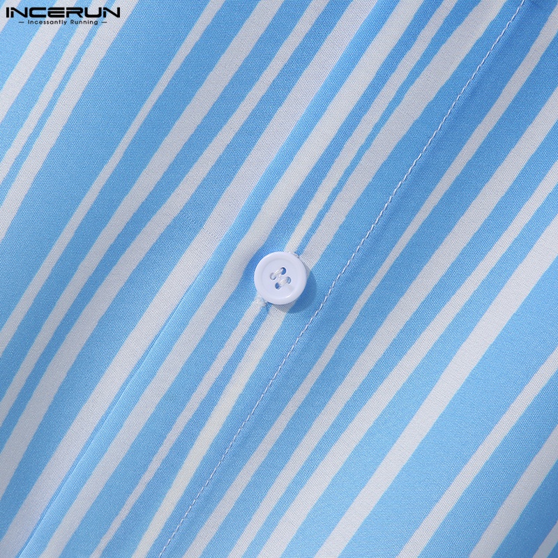 Áo sơ mi INCERUN tay ngắn dáng rộng họa tiết kẻ sọc màu xanh gradient thời trang cho nam