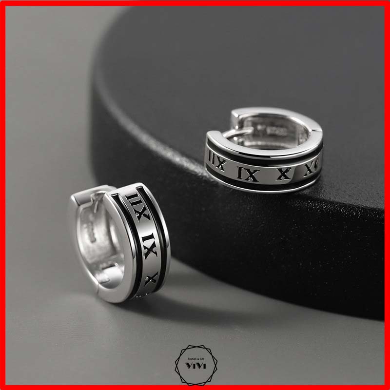 Bông tai bạc nam chữ La Mã viền đen IX -XII Roman – khuyên tai bạc ViVi_Gift
