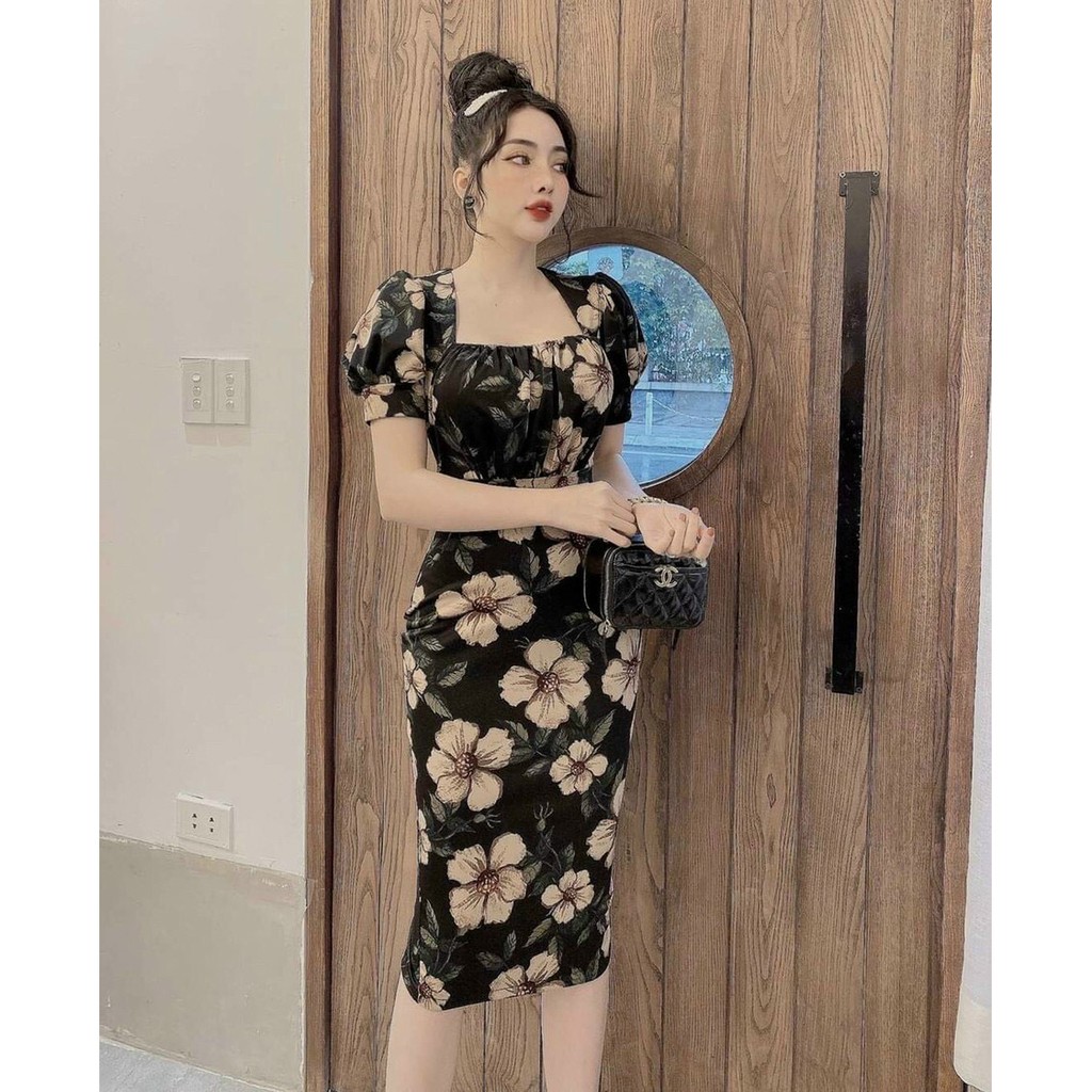 [Đầm Mới] Đầm Ôm Body Nhún Ngực Họa Tiết In Hoa