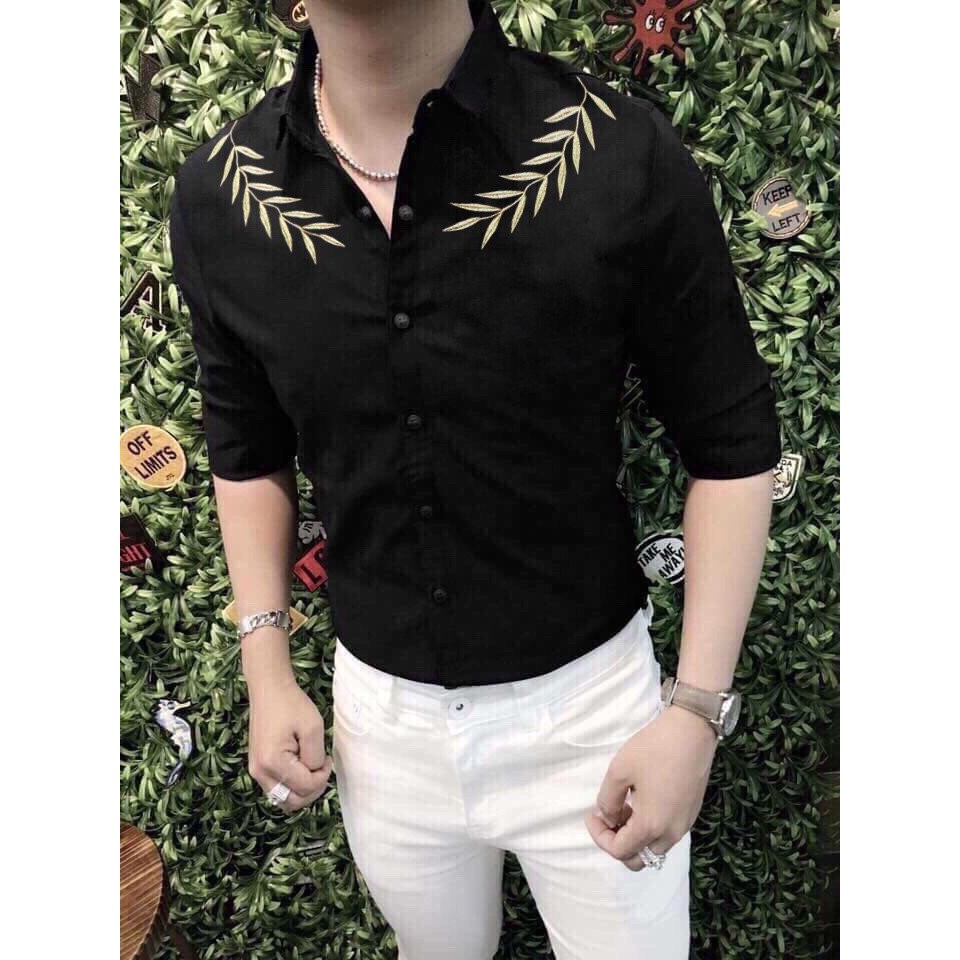 ÁO SƠ MI NAM HÀN QUỐC THÊU CÀNH LÁ QUANH CỔ - KTD009