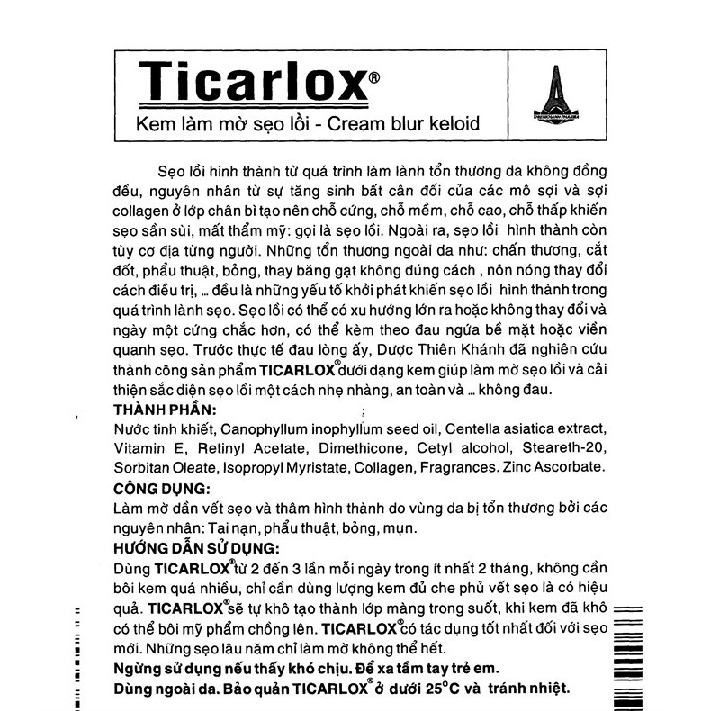 Kem Mờ Sẹo Ticarlox 10gr ❤️Chất Lượng❤️Kem Hỗ Trợ Mờ Sẹo Lồi, Mờ Vết Sẹo Thâm Nám Làm Sáng Màu Da