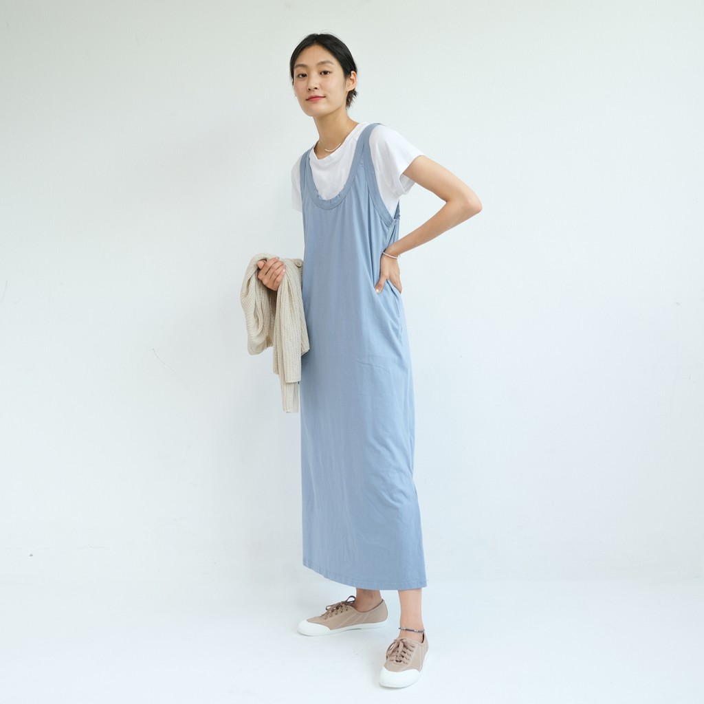 [gwilee] long jersey sleeveless dress - đầm thun 2 dây bản to xẻ tà Hàn Quốc (3 màu)
