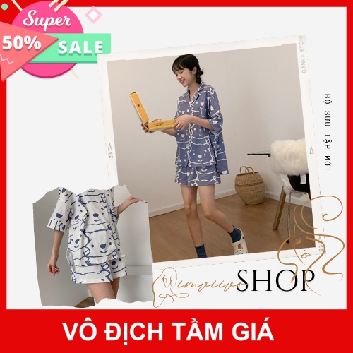 Bộ Ngủ Nữ Cộc Hình Gấu Set Áo Quần Cộc Cúc Cài Họa Tiết In 2 Màu X005 | BigBuy360 - bigbuy360.vn
