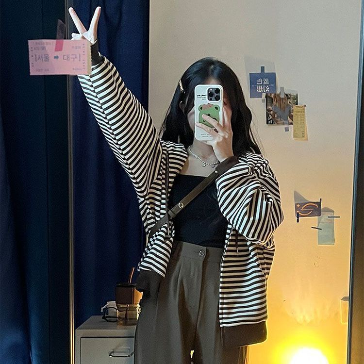 COZOK Áo Khoác Cardigan Tay Dài Họa Tiết Kẻ Sọc Thời Trang