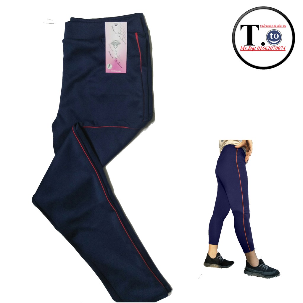 Quần thun nữ - legging màu XANH ĐEN 5 VIỀN (Ôm body, quần màu xanh đen viền sọc màu Đỏ - trắng - cam - xanh - hông)