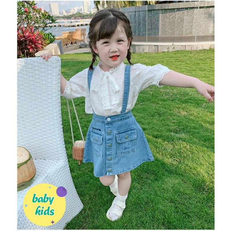 (tổng kho sỉ hy ) sét bộ áo sơ mi tay lỡ phối váy bò jean mềm cho bé(10-22kg)