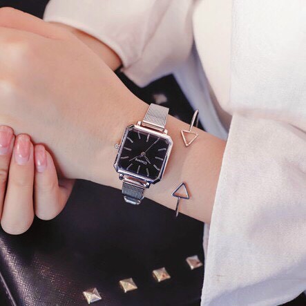 Đồng hồ thời trang nữ Ulzzang mặt vuông dây da và dây lưới QA572