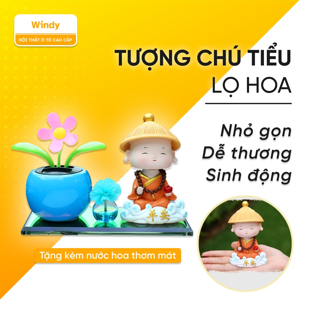 Tượng chú tiểu và chậu cây lúc lắc trang trí taplo xe hơi, trang trí xe hơi, tặng kèm tinh dầu thơm