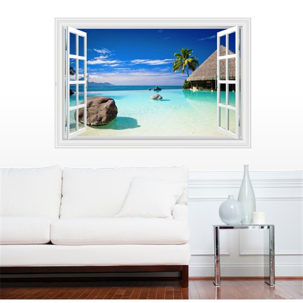 Decal trang trí khung cửa sổ 3D cảnh biển xanh và nhà nghĩ