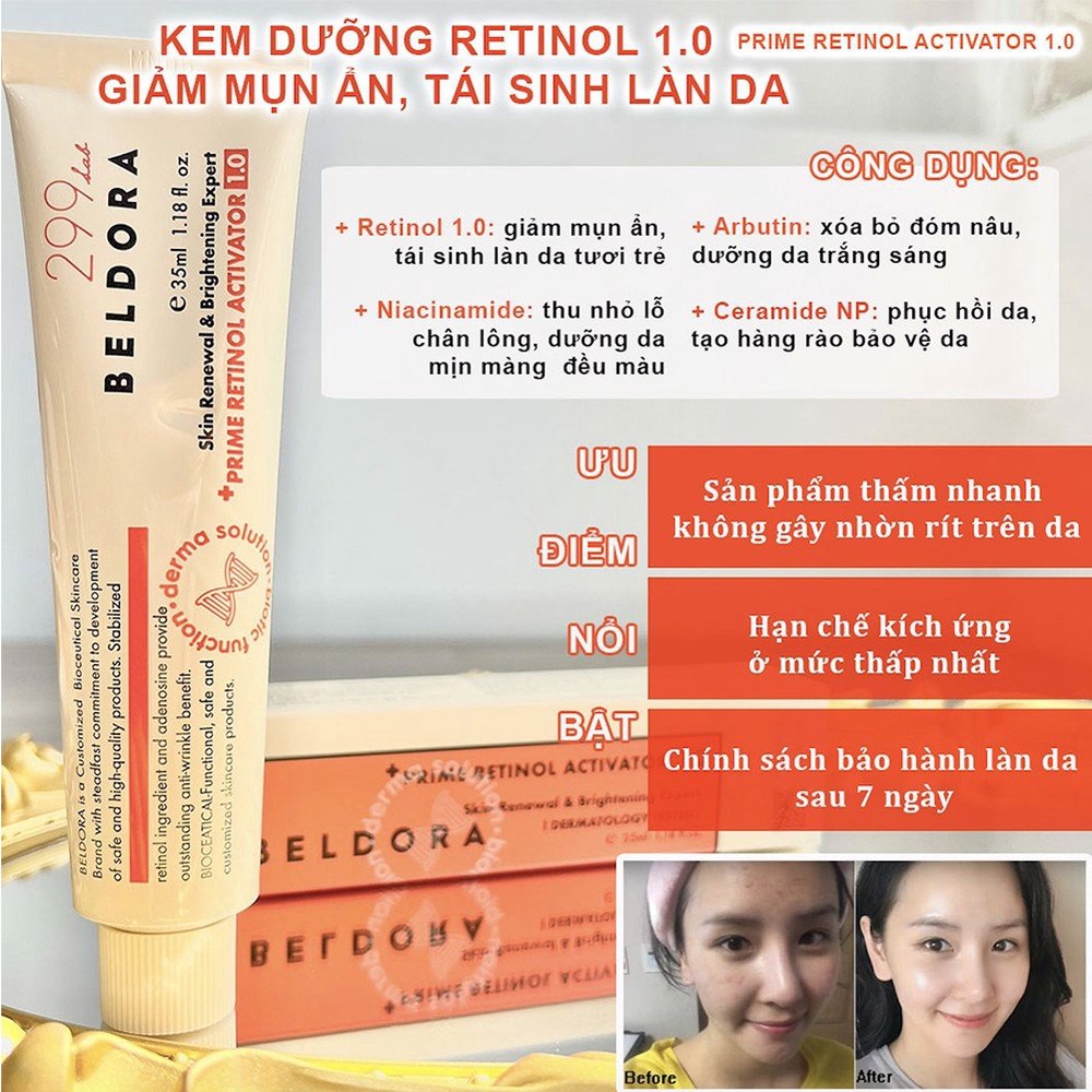 Kem Dưỡng Giảm Mụn Ẩn, Giúp Da Căng Bóng Beldora 299 Prime Retinol Activator