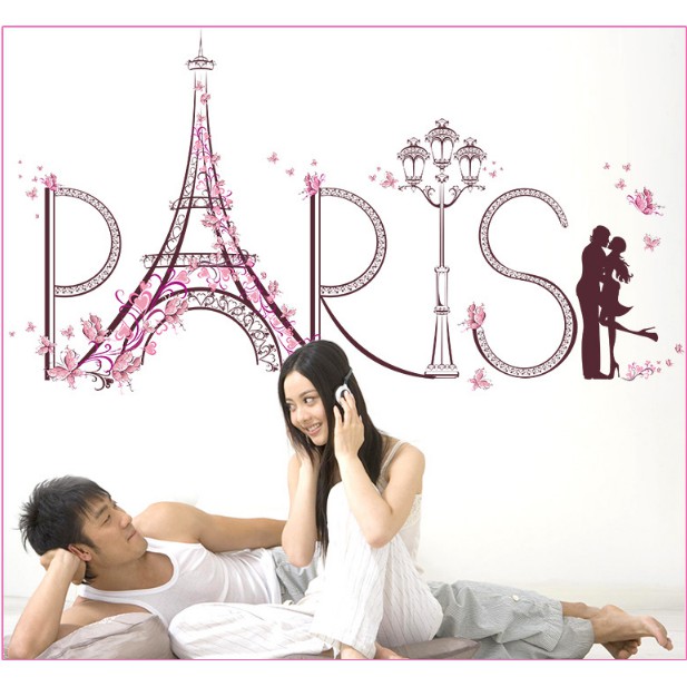 Decal trang trí tường - Tháp PARIS Bướm Hồng Romantic