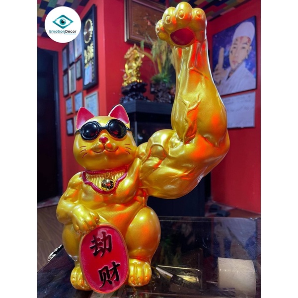 Mèo Thần Tài Cơ Bắp Vẫy Tay - Mèo May Mắn Bưng Thỏi Vàng (Quà Tặng Khai Trương, Trưng Bày, Thờ Cúng)