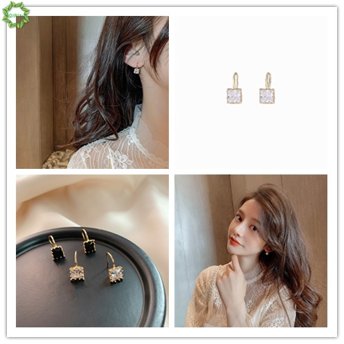 Hoa tai hình vuông đính đá màu trắng đen đơn giản phong cách thời trang Hàn Quốc