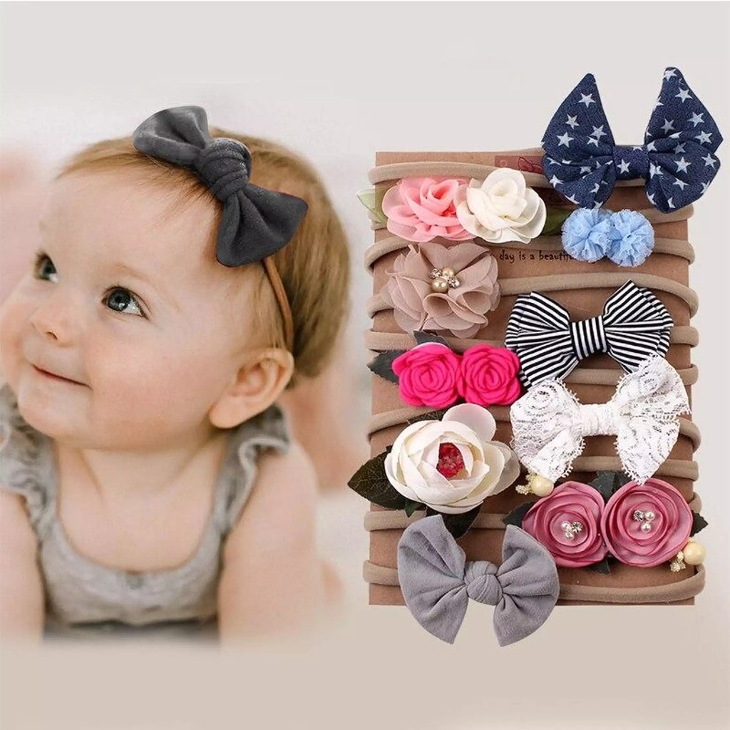 Set 5 Băng Đô/Turban Thắt Nơ Đàn Hồi Trẻ Em Họa Tiết Dễ Thương Cho Bé Gái Từ 0-2 Tuổi