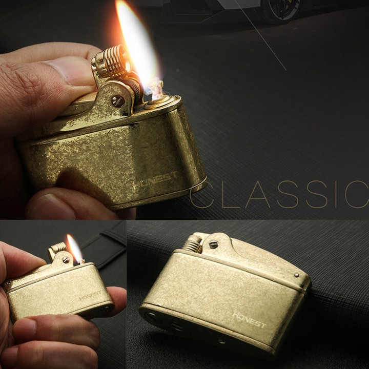 BẬT LỬA XĂNG ĐÁ LỬA HONEST VÀNG ĐỒNG THAU CLASSIC TẶNG KÈM ĐÁ HÃNG.ĐỘC ĐÁO SANG TRONG FULL BOX