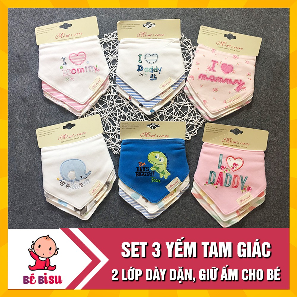 Set 3 Khăn yếm tam giác Mom's Care QUẢNG CHÂU 2 lớp dày dặn, có cúc bấm tiện lợi cho bé (MỚI)