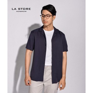 10S20SHS006 - Áo sơ mi cổ vest (cuba) màu xanh navy, vải tencel mềm mịn