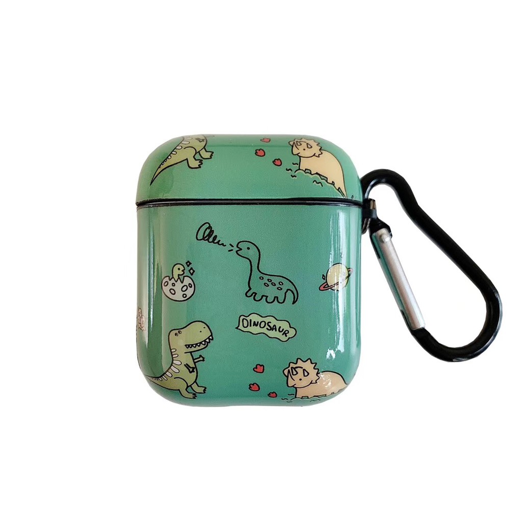 Túi đựng tai nghe Airpods Case có móc khóa họa tiết khủng long dễ thương Green AirPod Soft Case With Keychain