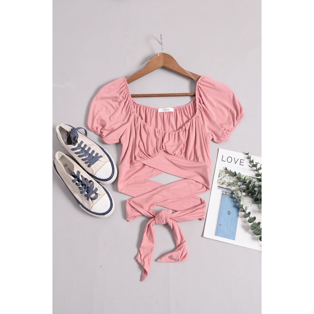 Áo ACTIVE USA dáng croptop bẹt vai tay phồng ngắn có cột dây nơ sau (M.12) (TTT - A7)