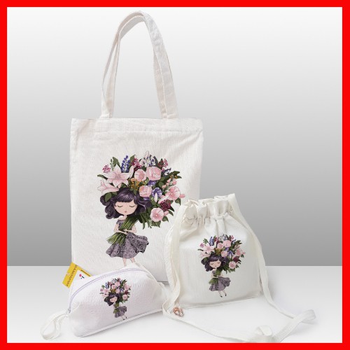 Túi tote vải canvas set 3 món in hình (gồm 1 túi tote+ 1 túi rút + 1 ví nhỏ) thời trang COVI màu trắng T45