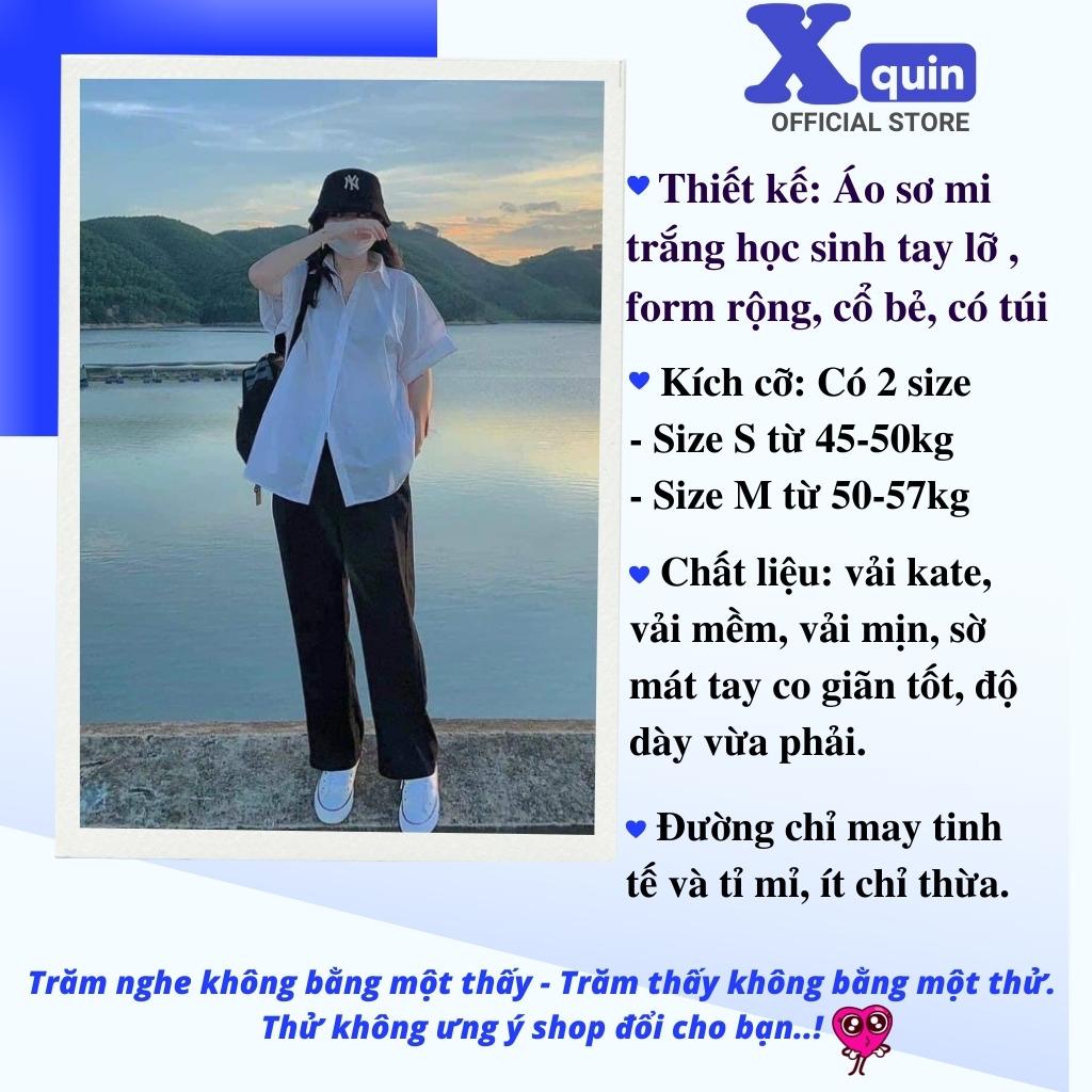 Áo sơ mi học sinh tay lỡ form rộng Xquin, Áo sơ mi cổ trụ phối túi đi học cực xinh