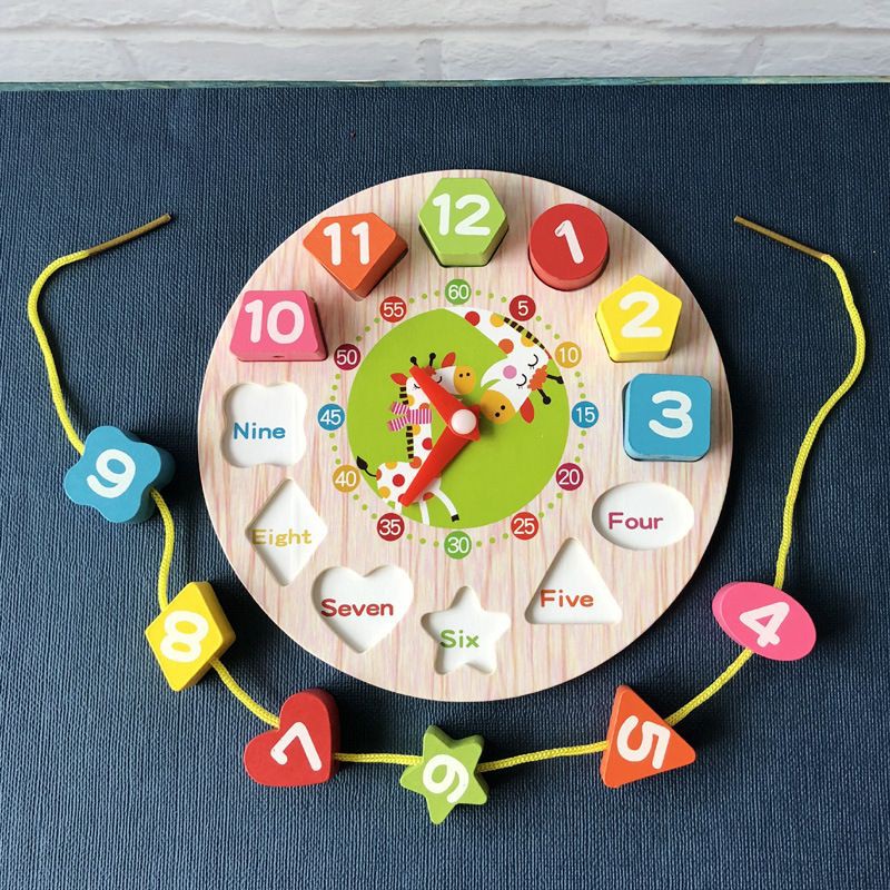 Đồng hồ gỗ học hình học số xem giờ chơi luồn xâu xỏ hạt - Đồ chơi gỗ giáo dục và giải trí