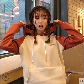Hoodie ulzzang áo hoodie nữ đẹp nỉ bông raglan có mũ áo nỉ dài tay dáng rộng cam đất xanh kiểu hàn quốc