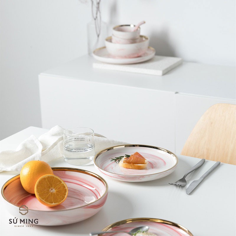 Bộ Bát Đĩa Đẹp Màu Xanh Thẫm [BẮC ÂU] [CAO CẤP] sang trọng, viền vàng 24k, nhiều màu sắc lựa chọn