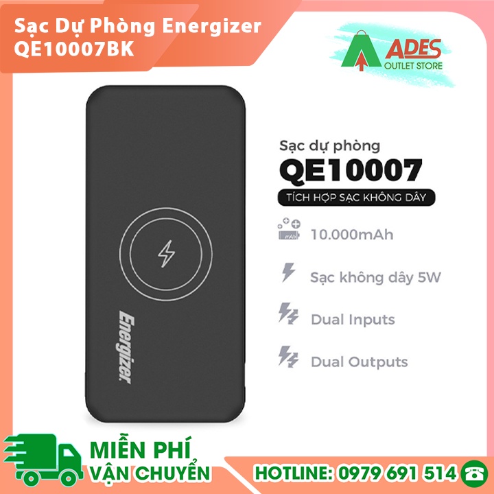 Sạc dự phòng Energizer QE10007BK 10,000mAh - tích hợp sạc không dây chuẩn Qi, thiết kế nhỏ gọn tiện lợi