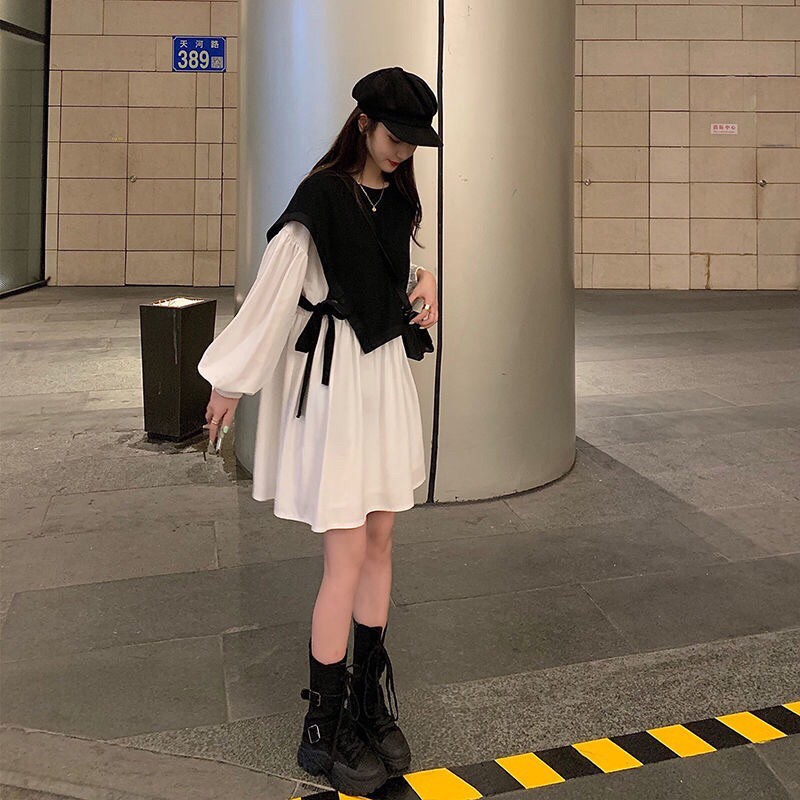 Váy tiểu ghile liền đen trắng