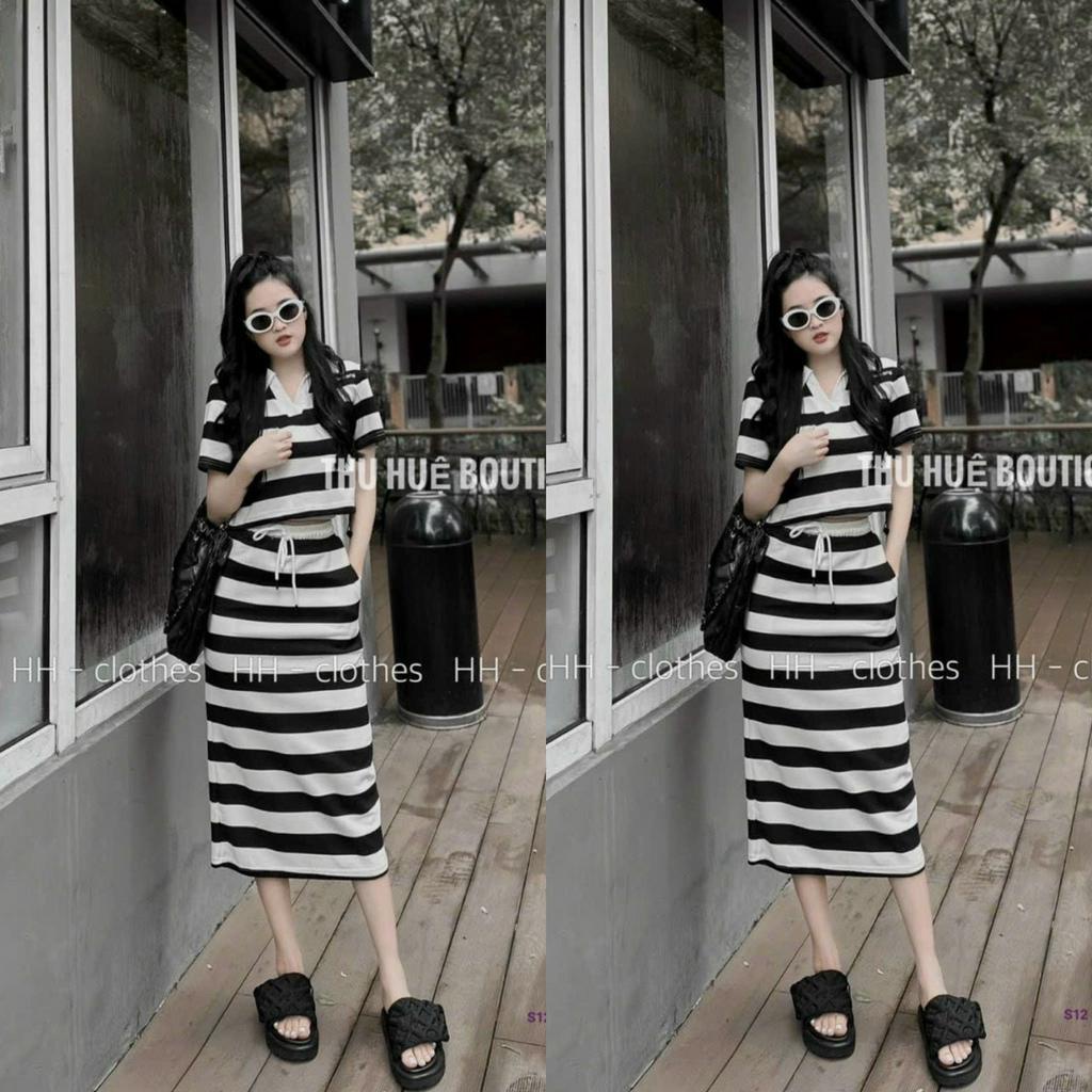 Sét bộ đồ nữ áo cổ sơ mi cộc tay họa tiết kẻ ngang đen trắng mix chân váy thun gân duyên dáng dễ thương đi chơi dự tiệc