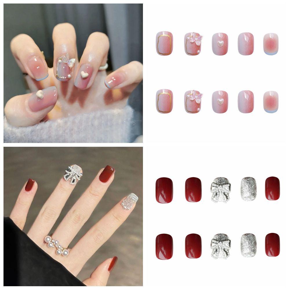 Bộ Móng Tay Giả Ngắn Che Phủ Toàn Diện Dạng Nhấn Phong Cách Pháp