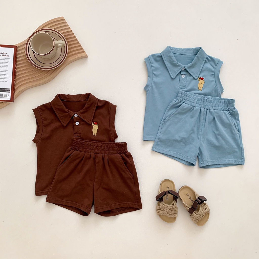 Set Đồ Đánh Golf Gồm Áo Polo Không Tay Họa Tiết Gấu + Quần Short Thời Trang Mùa Hè Cho Bé