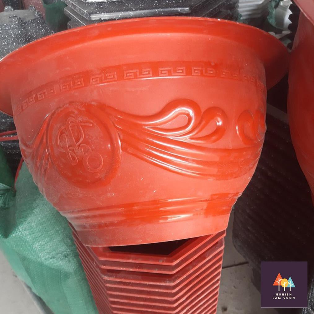 Combo 2 Chậu nhựa tròn đỏ dập hoa văn nổi màu mã CN10T58 loại không có lỗ thoát nước Size T58