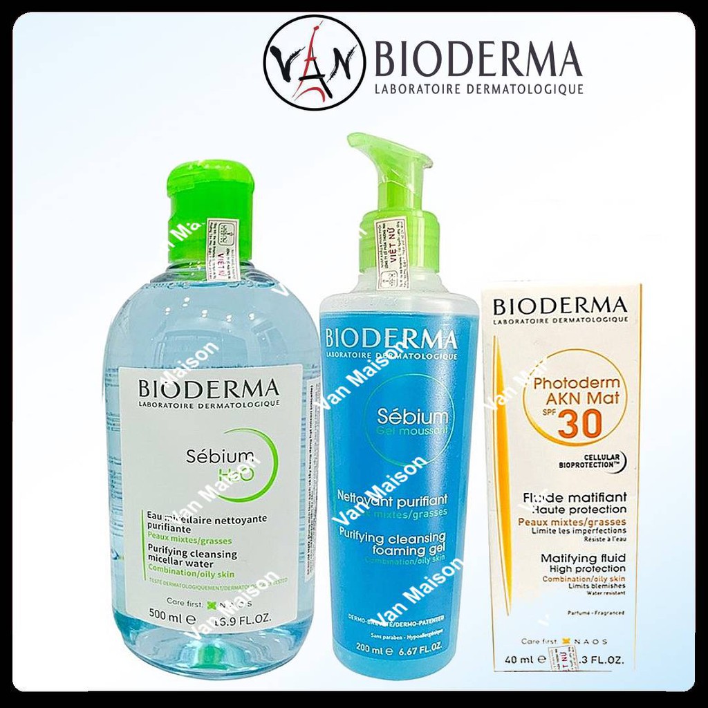 [Combo Bioderma ] Nước tẩy trang bioderma 500ml, sữa rửa mặt 200ml, kem chống nắng 40ML dành cho da dầu nhờn mụn