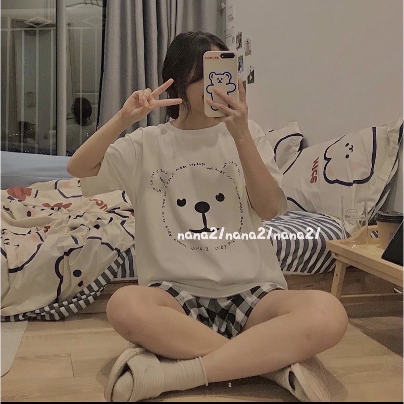 Sét cộc đùi hoạ tiết in gấu-Bộ quần short kẻ caro kèm áo thun tay kĩe form rộng in hình dễ thương, cute