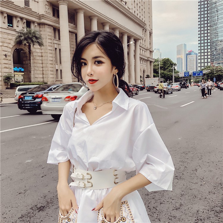 SET Váy Sơ Mi Tay Lỡ Túi Thêu Thổ Cẩm + Thắt Lưng Bản To