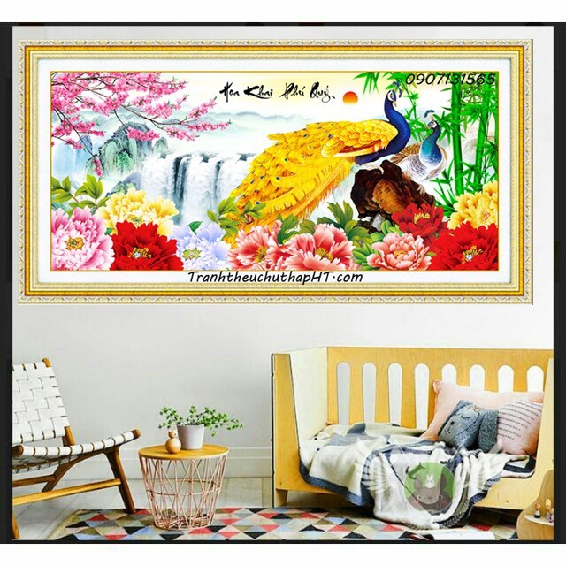 Tranh thêu chữ thập chim công mẫu đơn Hoa khai phú quý LV3054 - size: 100*51cm